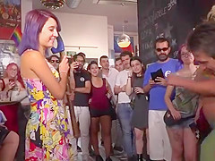 Huge tits painted blonde caned in public