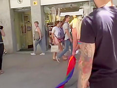 Huge tits painted blonde caned in public