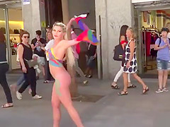 Huge tits painted blonde caned in public