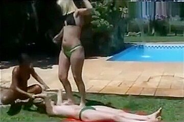 Lesbian Three on One Trampling by the pool