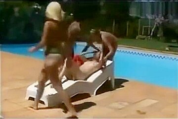 Lesbian Three on One Trampling by the pool