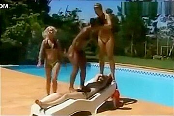 Lesbian Three on One Trampling by the pool