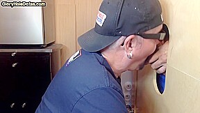 Mature DILF deepthroats and slurps on gloryhole dong