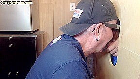 Mature DILF deepthroats and slurps on gloryhole dong