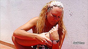 Mature pornstar Natalie K licks her own feet after masturbation