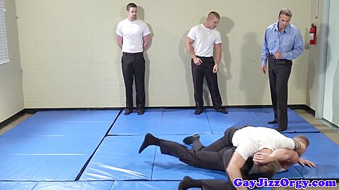 Muscle jock assfucked in group before body cumshot