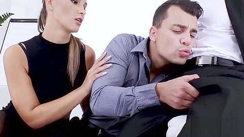 Office studs engage in a wild bi threesome with classy babe