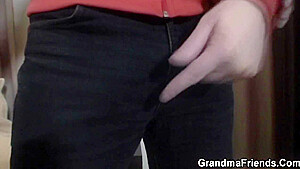 Old Blonde Enjoys Threesome With Horny Hunks