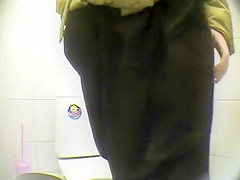 Peeping pissing women in the public toilet