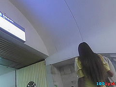 Public upskirts scene with young puss and her boyfriend