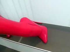 Red + Black Latex Catsuit Girl And High Heel Torture - Rubber Whore Heeljob