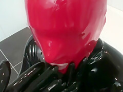 Red + Black Latex Catsuit Girl And High Heel Torture - Rubber Whore Heeljob