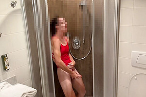 Red & Wet Swimsuit Masturbation In Shower