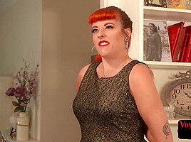 Redhead GF tease BF who jerks cock on her nude body