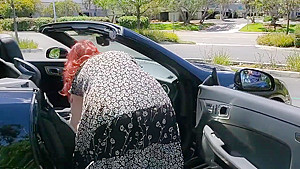 Redhead MILF fucking herself in public parking lot and trails