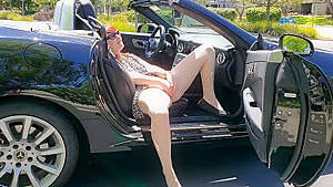 Redhead MILF fucking herself in public parking lot and trails