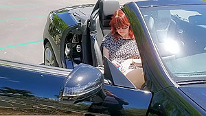Redhead MILF fucking herself in public parking lot and trails