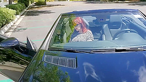 Redhead MILF fucking herself in public parking lot and trails