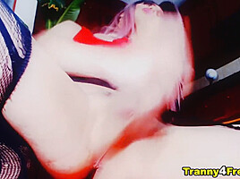 Ruddy Hair Tgirl Wanks Her Huge Cock close up