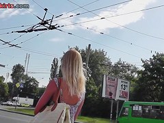 Sassy golden-haired in outdoor upskirt vid