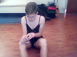 Sissy self hogtie while in chastity and plugged