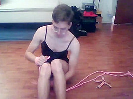 Sissy self hogtie while in chastity and plugged