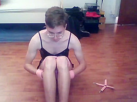 Sissy self hogtie while in chastity and plugged