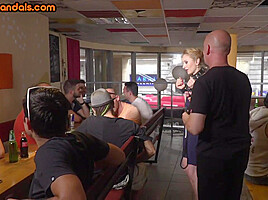 Skinny anal slut fucked and humiliated in public till facial