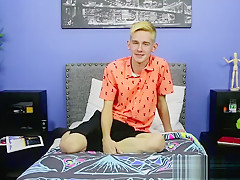 Skinny little twink with big fat dick tugs after interview