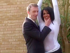 Slutty British babe is facialized after being tied up