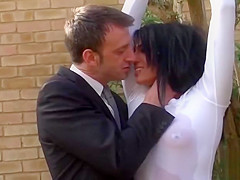 Slutty British babe is facialized after being tied up