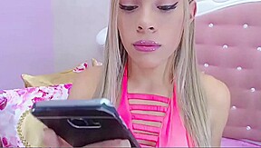 Slutty blond shemale masturbates and shows off