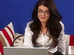 Stockinged english instructs on couch