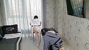 Strict Wife Mia tells her history  Slave is licking pussy and feet 