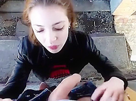 The bitch has not refused to jerk off and suck the penis in a public place 
