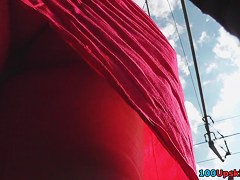 The precious pink costume upskirt on bus stop