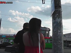 The precious pink costume upskirt on bus stop