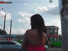 The precious pink costume upskirt on bus stop