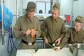 Three Horny Recruits Get Down And Dirty In The Kitchen