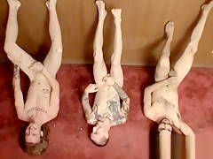 Three straight thugs stroke their hard dicks and splooge