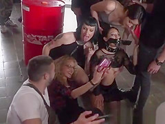 Tied up slave in biker shop fucked