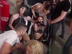 Tied up slave in biker shop fucked