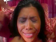 Two Guys Give Slut In Gold Bikini Deep Double Penetration In The Living Room