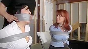 Two damsels tape bondage