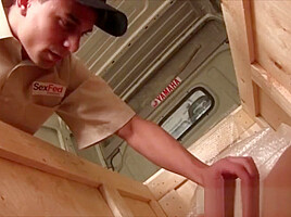 Two girls swallow cum After delivering the immense boxes to glad