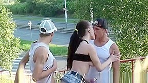Two horny guys with brunette enjoying her wet mouth and pussy