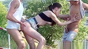 Two horny guys with brunette enjoying her wet mouth and pussy
