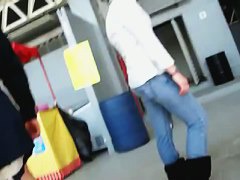 Up the stairs and up the skirt for a video of blue panties