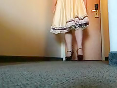 girlsy Ray in Gold girlsy Dress and black and red heels