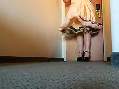 girlsy Ray in Gold girlsy Dress and black and red heels